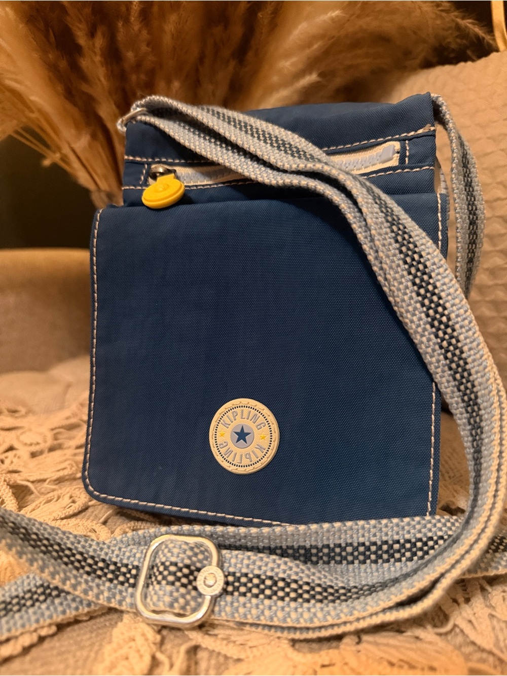 Kipling Eldorado Blue Crossbody with Light Blue Woven adjustable Strap